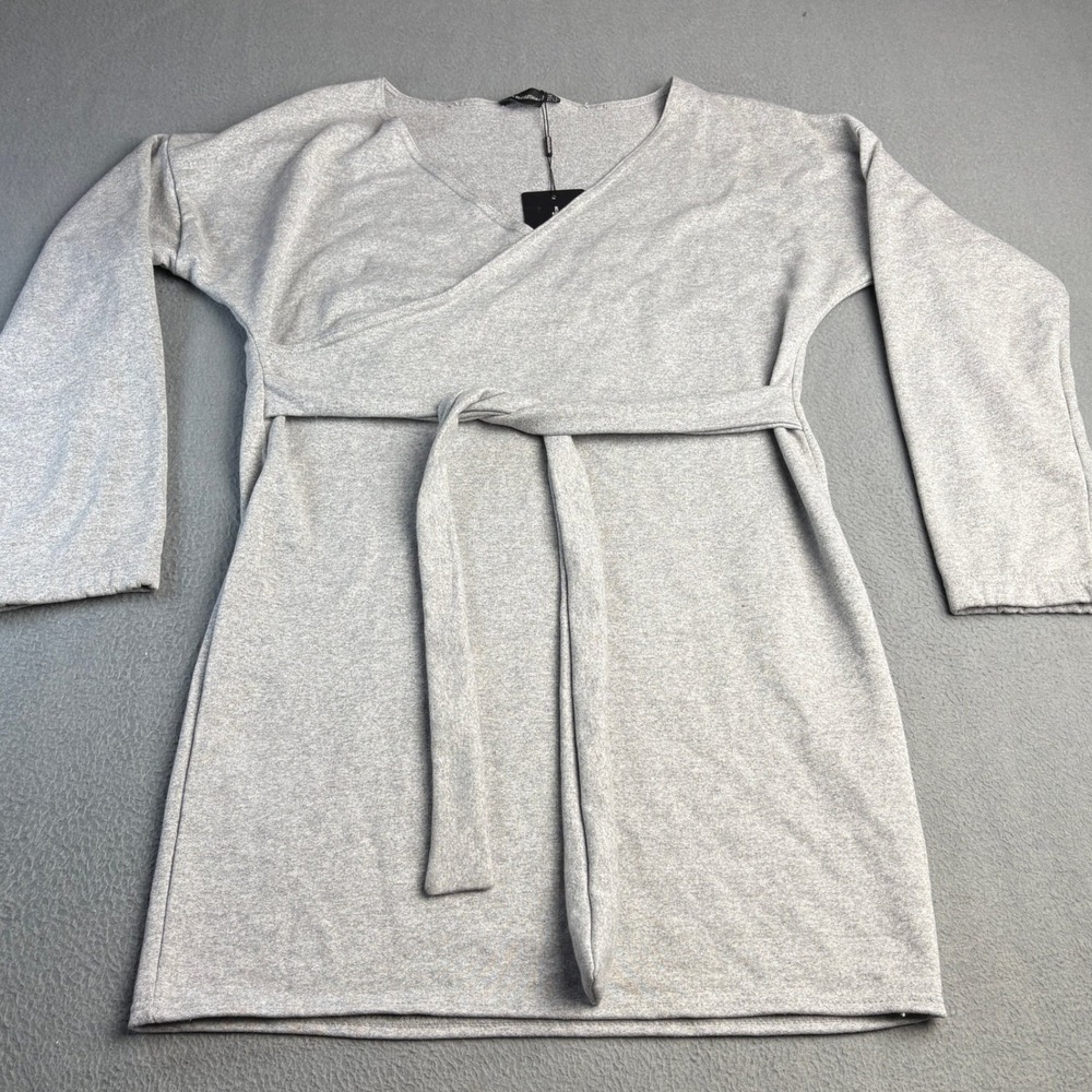 PrettyLittleThing Grey Marl Wrap Front Long Sleeve Mini Dress Size 12 NWT